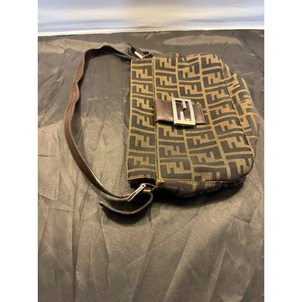 Vintage Fendi Zucca FF Monogram Canvas Leather Baguette Shoulder Bag Italy - Picture 2 of 15